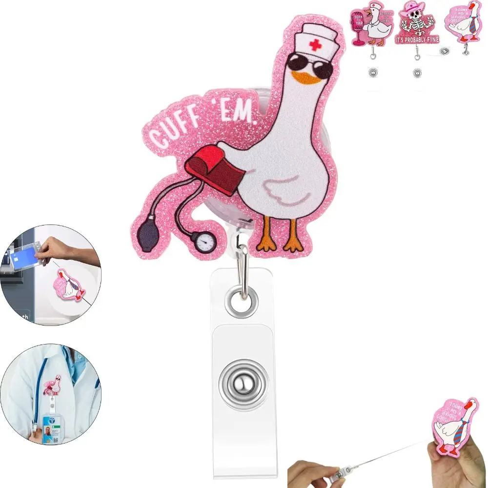 Cute Retractable Goose Nurse Badge Reel Funny Design Pull-tab Fastener Badge Scroll Pink Acrylic Badge Holder Teacher