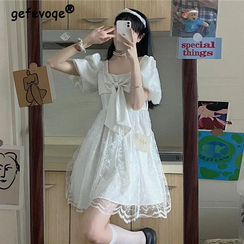 

Japanese Lolita Kawaii Short Sleeve Vintage Lace Dress Women Casual Sweet Bow Y2k Party Mini Dresses Female Korean 2022 Summer