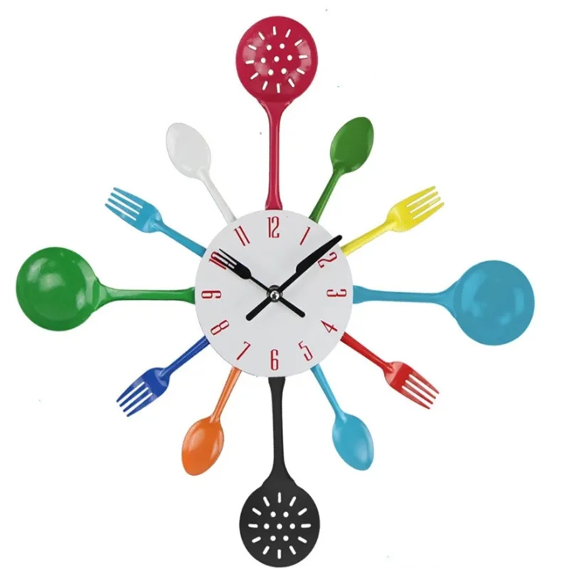 1PC 16 Inch Colorful Modern Design Metal Spoon Fork Kitchen Wall Clock Creative Mute Quartz Wall Mounted Clocks Decorative