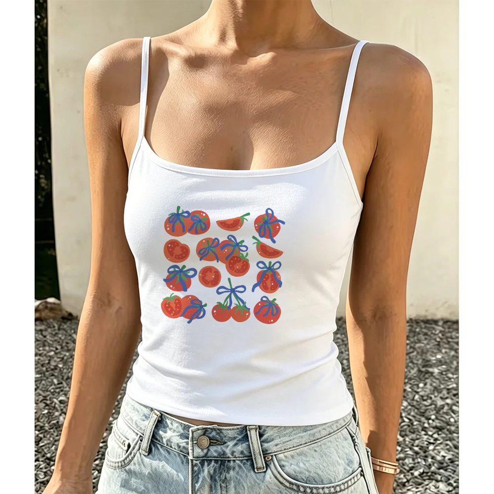 Summer Coquette Style Tomato Print Camisole Women Cute Blue Bow Graphic Tank Top Y2K Sleeveless Vest Beach Holiday Outfit Top