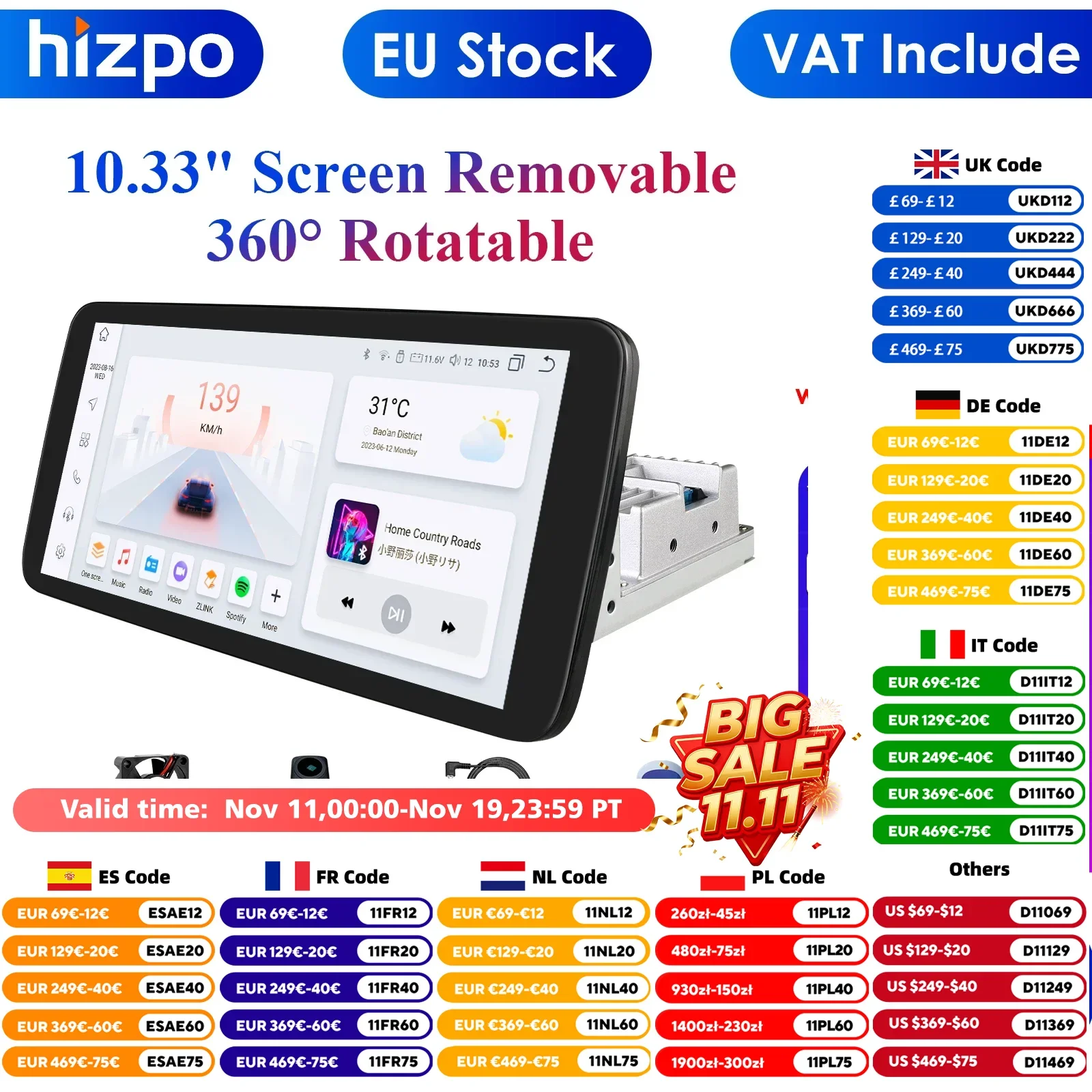 10.33'' 360° Rotatable 1 Din AutoRadio GPS for Universal Car Multimedia Player Stereo 1DIN Video Autoradio Carplay 4G Head Unit