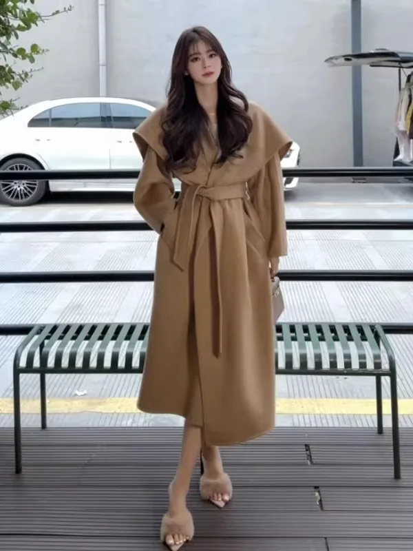 

Retro Chic Waist-Cinching Midi Coat for Women Faionable Ele Outerwear Korean Sle Long Sve Color Windbreaker
