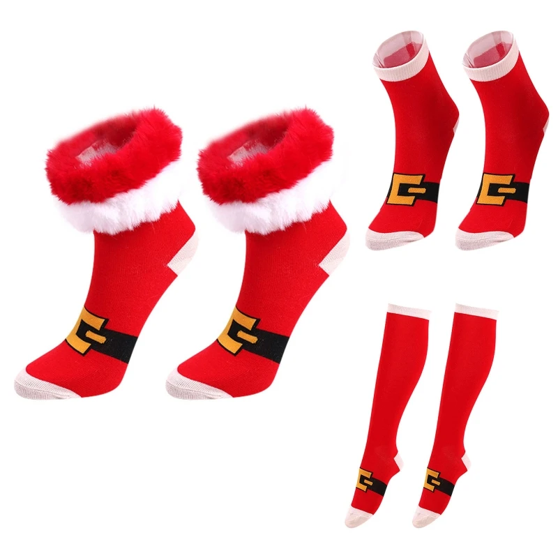 Women Christmas Holiday Socks with Furry Plush Trim Cartoon Printed Novelty Funny Knee High Stockings Hosiery Xmas Gifts