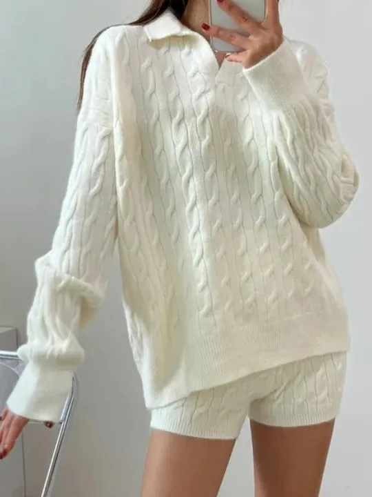 Elegancki Jesienno-Zimowy Vintage Skręcony Sweter Dzianinowy Top i Spodnie Dwuczęściowy Zestaw Damski Wygodny i Modny