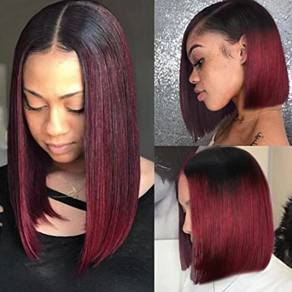 Ombre Bone Straight Short Bob Wig Human Hair Wigs For Women Burgundy Transparent 13x4 Lace Frontal Wigs 1B 99J Bob Wigs