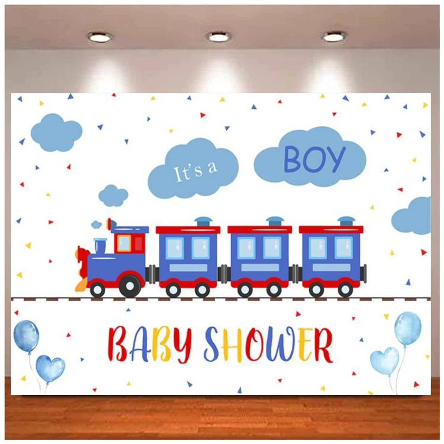 

Train Photography Backdrop For Boy Blue Cloud Train Background It's a Boy Baby Shower Decorations Party Photo Shoot Banner