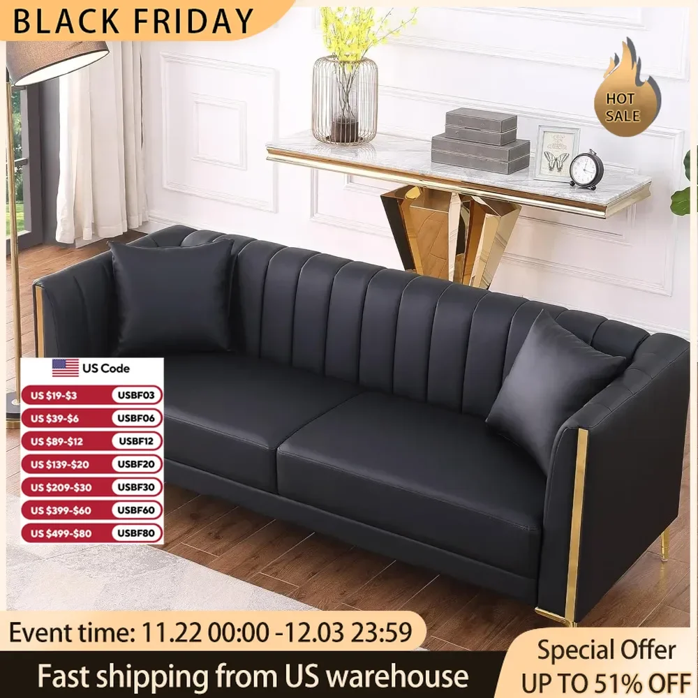 78inch Black Sofas Couches for Living Room,Faux Leather Sofa 3 Seater Sofa with 2 Throw Pillows Gold Metal Legs,Deep Seat Sofas