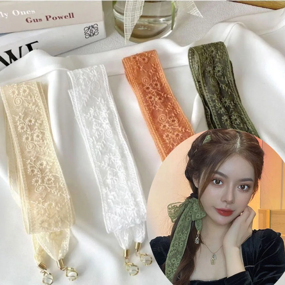 Korea Floral Embroidered Scarf Hair Ties Long Lace Ribbon Headbands Braids Sun Hat Lace Trim Bag Decoration Ribbon Headwear INS