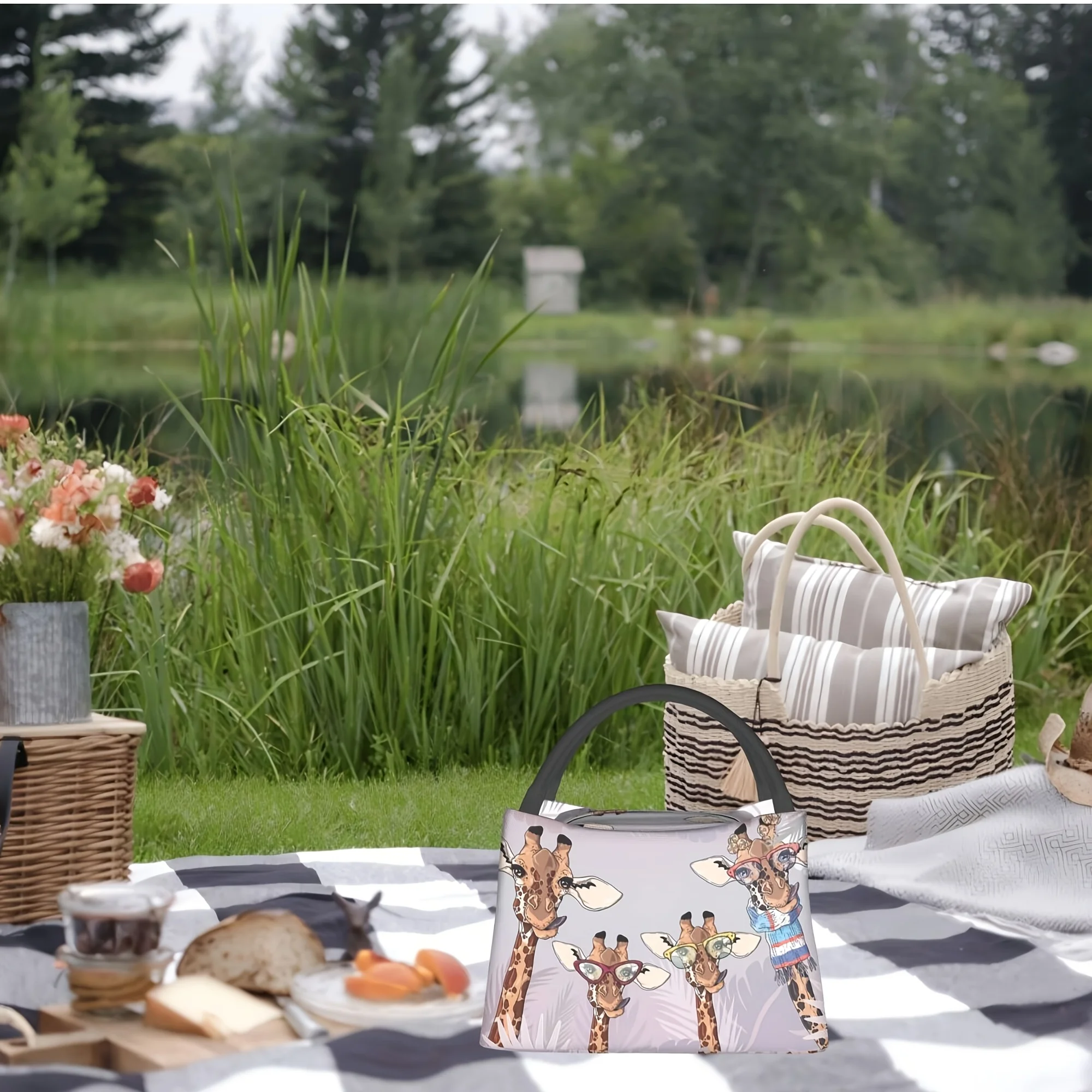 حقيبة مبردة محمولة وقابلة لإعادة الاستخدام بنمط زرافة مضحكة بأربعة زرافات، حقيبة غداء معزولة، يجب اقتناؤها للتخييم على الشواطئ