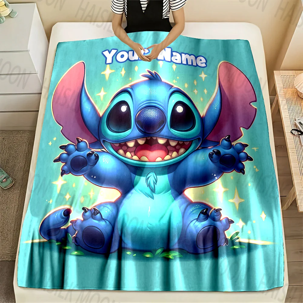 ディズニーステッチの漫画プリントブランケット,名前でカスタマイズ可能,柔らかくて暖かい,家庭,オフィス,キャンプ,車,あなたの名前に適しています