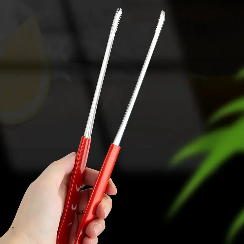 Stainless Steel BBQ Tongs Salad Food Meat Vegetable Red Glue Clips Bread Pasta Serving Tongs Non-Stick Kitchen Cooking Tools