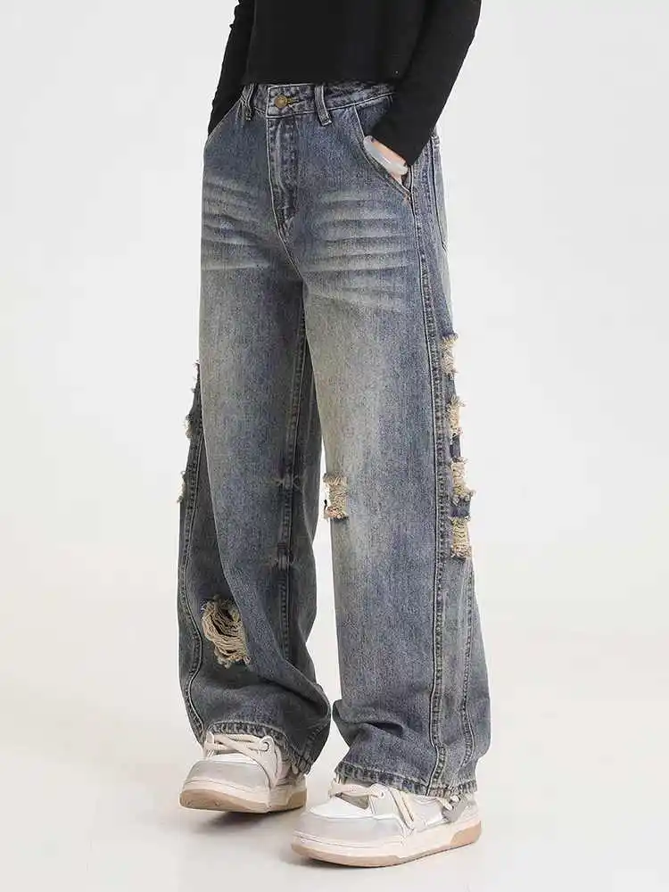Kobieta Wysoka talia Slim Fit Szerokie nogawki Jeans Kobieta High Street Y2k 2000s Casual Pants Lady Fashion Blue Loose Denim Trouserse