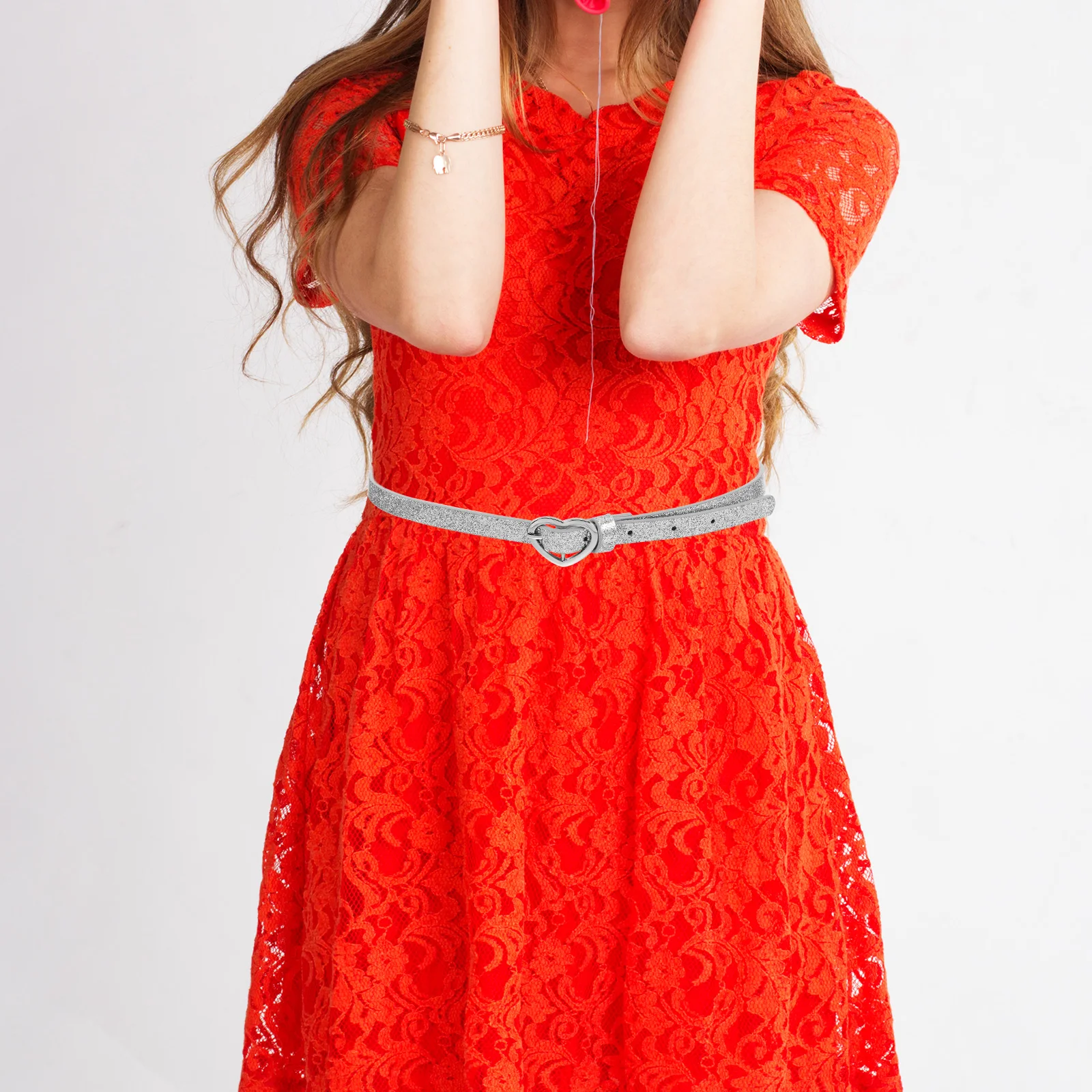 

Cute Shaped Girls Kids Elastic Glitter Design Wide Stretch Party Dress Decoration Adjustable Silver Dress Waist Chain Girls'