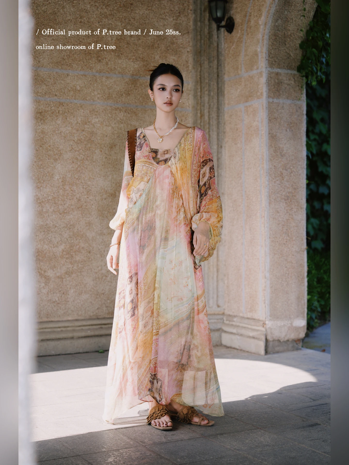 

Alpine Sunset Silk Dress Ethnic Style Long Skirt High Waist Bubble Sleeve Commute Fashion Young Women's Clothing