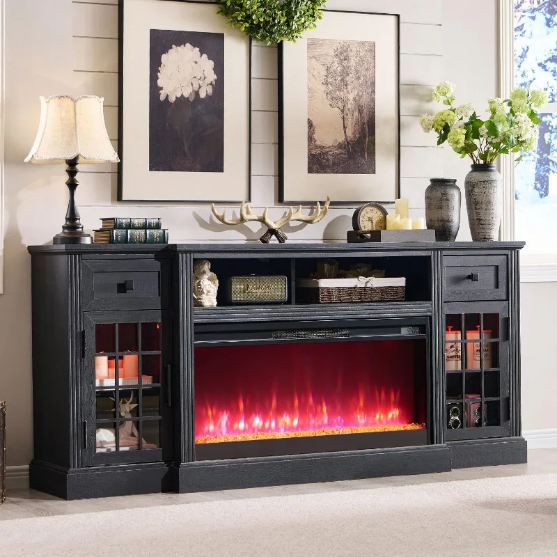 Farmhouse Fireplace TV Stand for 80Inch TV with Crystal Fireplace, Black