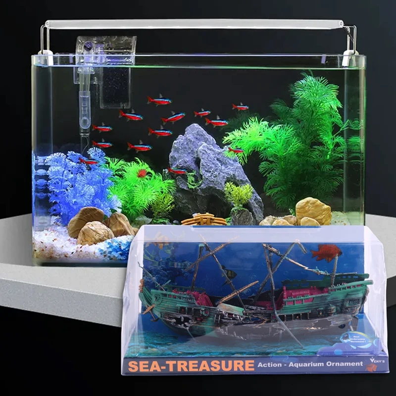 Large Aquarium Decoration Boat Plactic Aquarium Ship Air Split Shipwreck Fish Tank Decor C