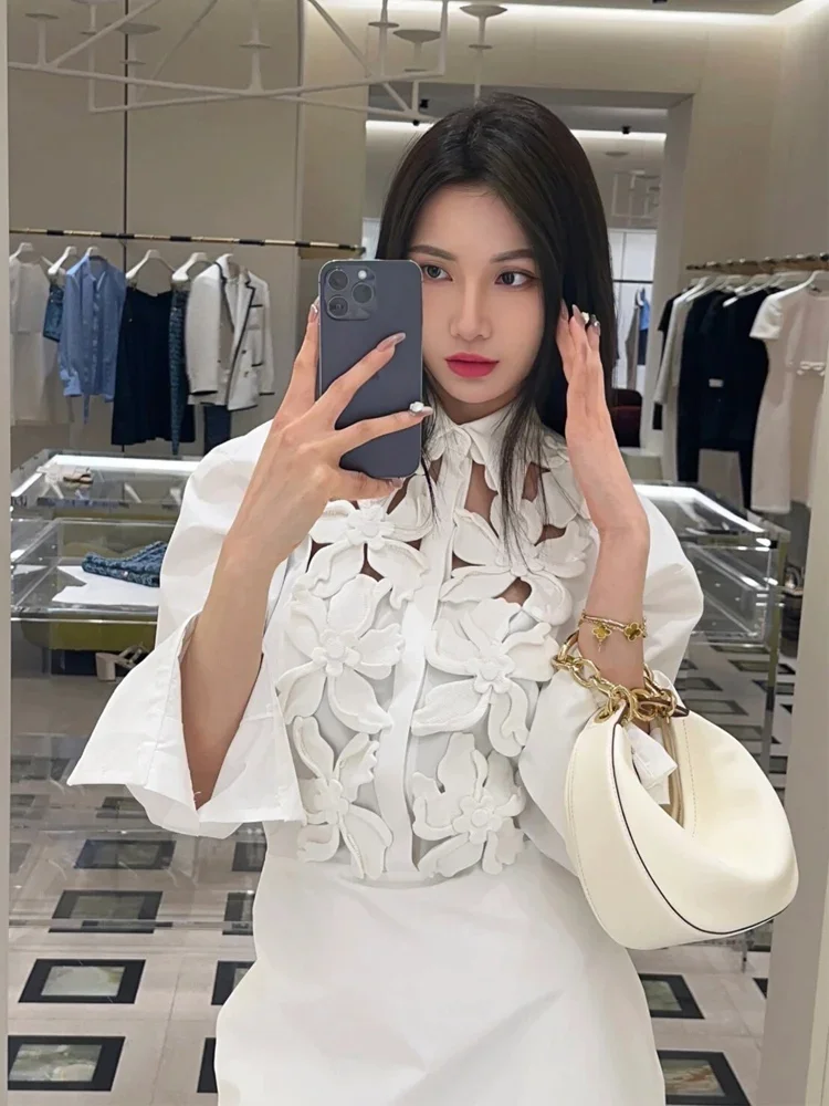 Designer White Shirt Dress Women 2024 Early Autumn New Design Sense High-end Light Luxury Flower Long-sleeved Shirt Dress Lady