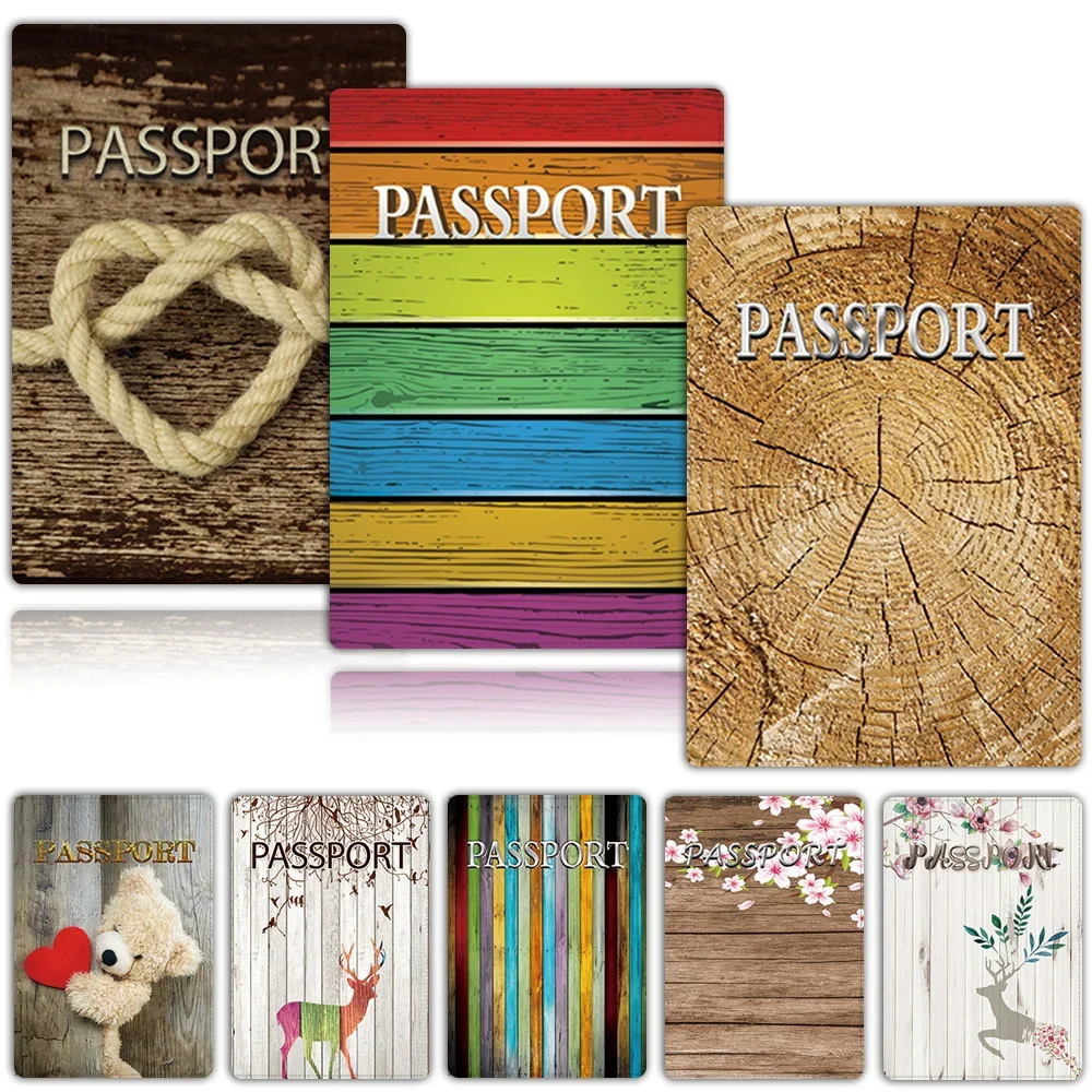 Passport Sleeve Cred-Card ID Card Holder Secure Protector Cover Pu Leather Business Waterproof Passport Secure Case Wood Print