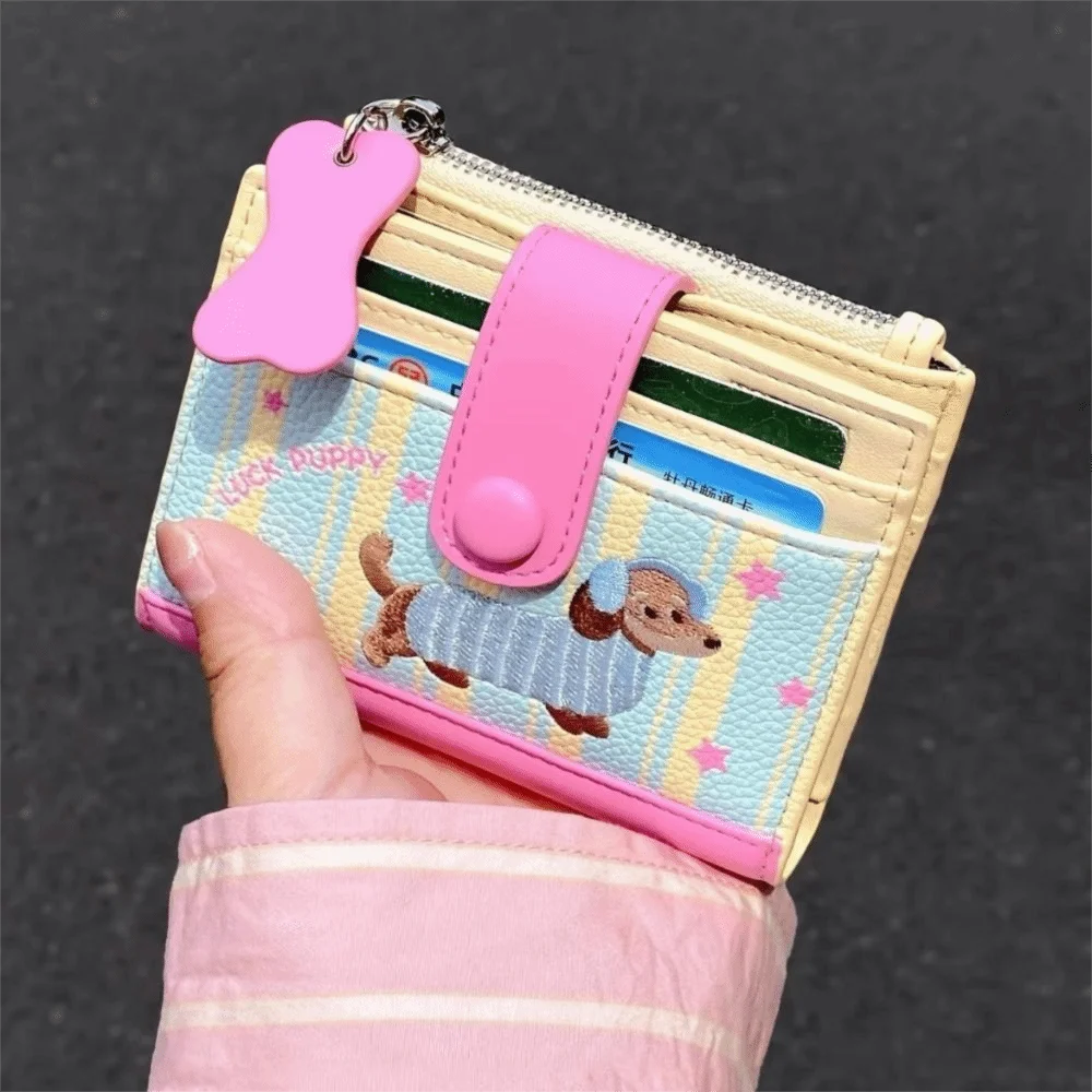 Fashion Dopamine Color Dachshund Embroidery Coin Purse Zipper Card Bag Cartoon Pu Wallet Ins Pouch Small Item Bag Children