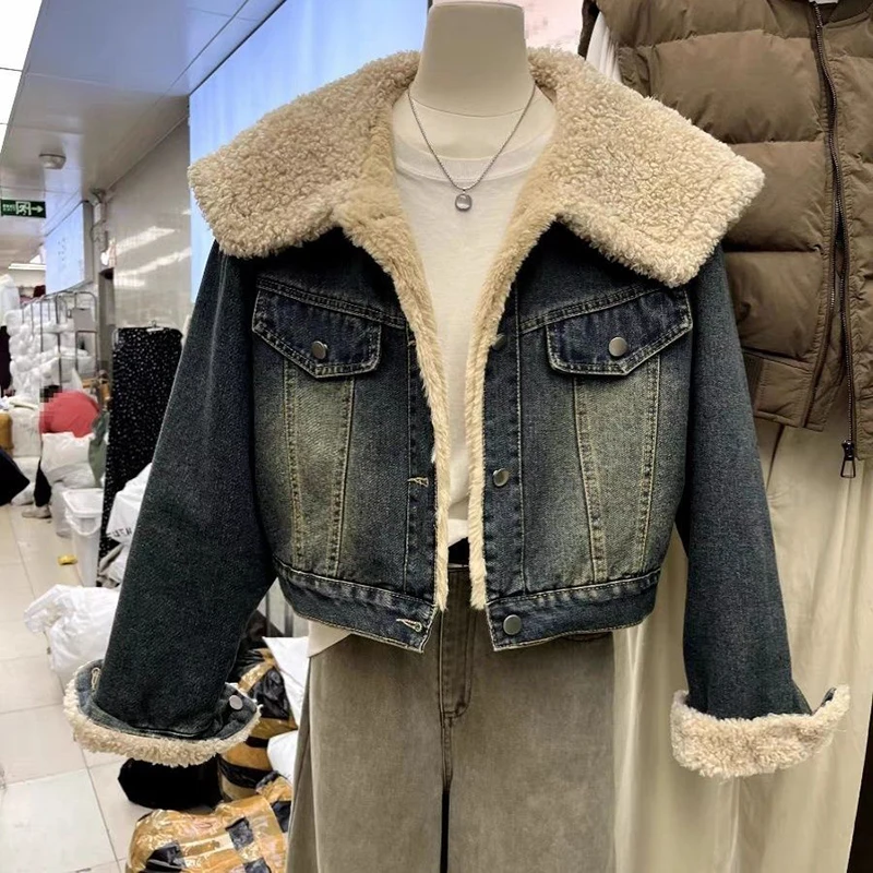 Autumn and winter lamb wool denim jacket women Korean version loose thick and plush casual fashion versatile short style coat