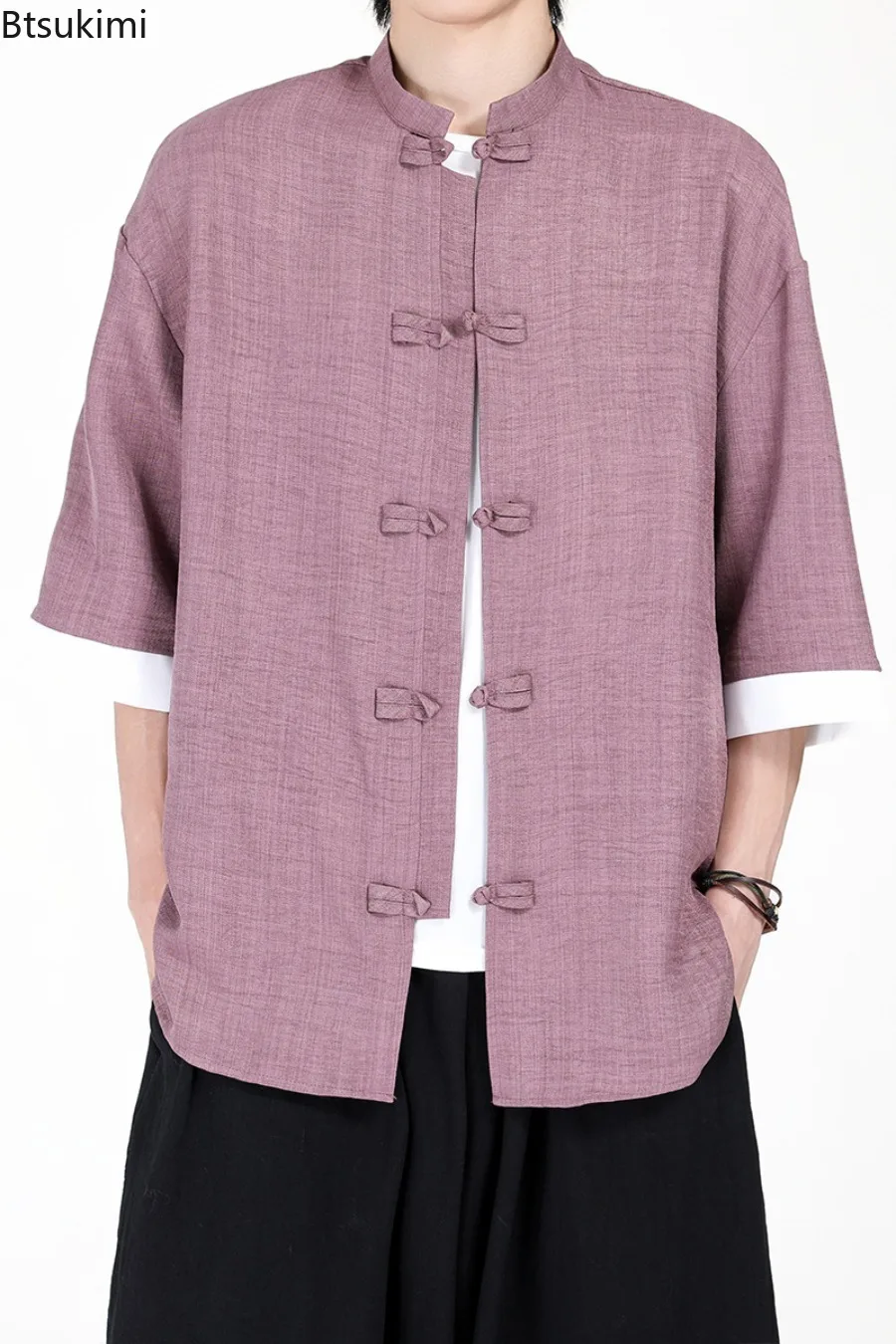 

Chinese Style Shirts Men's Summer Solid Stand Collar Kimono Samurai Wear Tops Vintage Casual Cotton Linen Shirts Loose Man Hanfu