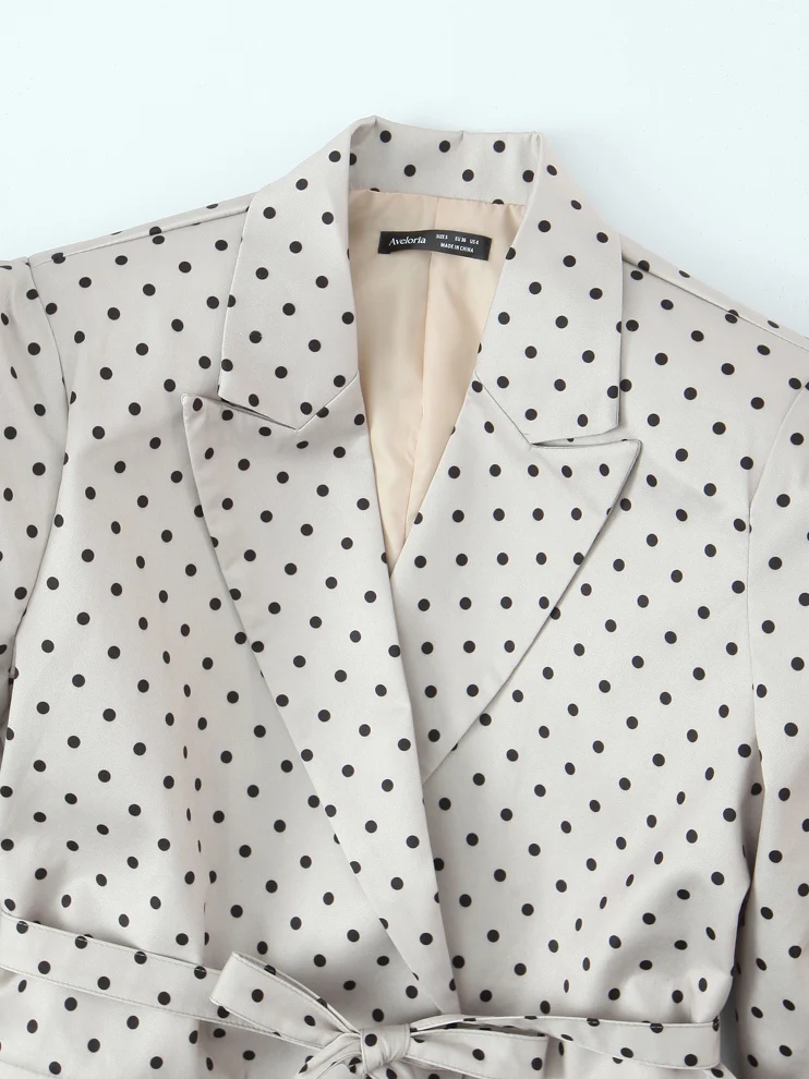 Women's Bubble Sve Suit Jaet with Belt in Office Wear Polka Dot Print Loose Fit Long Sve Single Button Closure