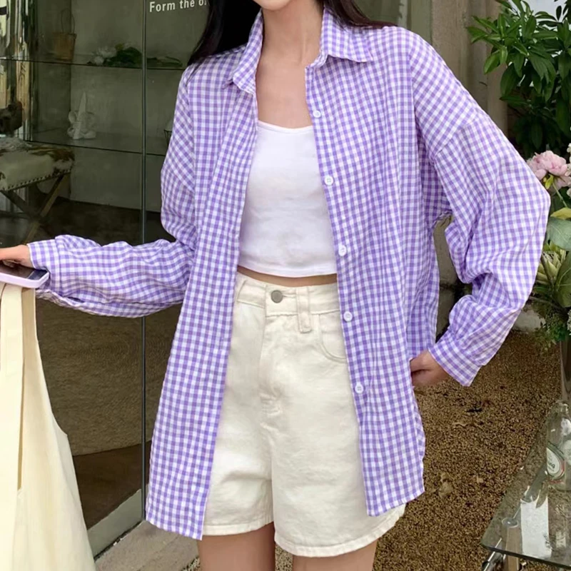 Women Gingham Shirt Long Sleeve Button-Down Pink Blue Checkered Blouse Top Jacket Summer Spring TeenGirl Boyfriend Casual Outfit