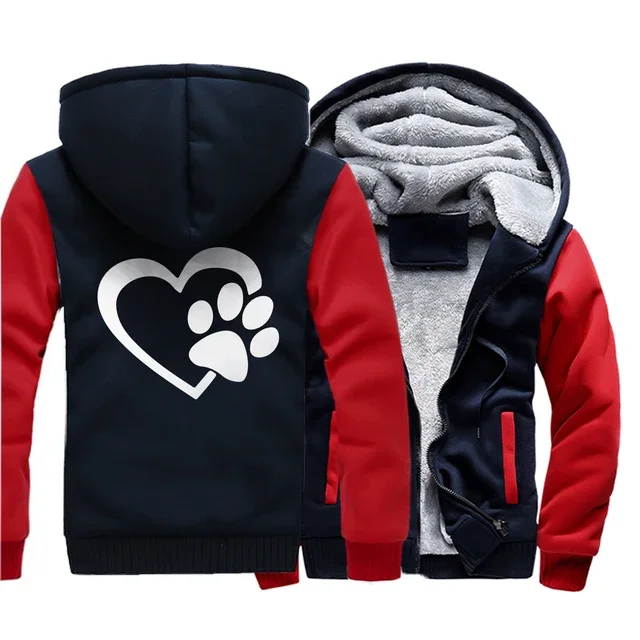 New Men Jacket Dog Paw Printed Patchwork Ziper Hooded Autumn Winter Fashion Casual Warm Harajuku Streetwear Male Coat