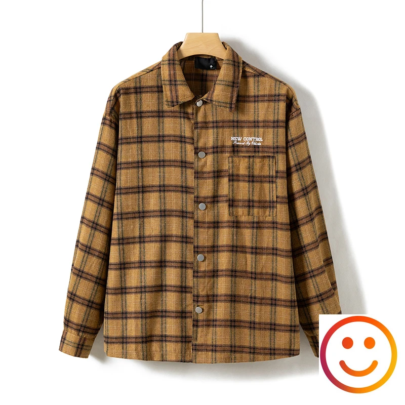 Chest Embroidery Letter Pocket Plaid Red Yellow Long Sleeve Shirts Brushed Casual Clothing Men Women Autumn V-shape Shirt Blouse