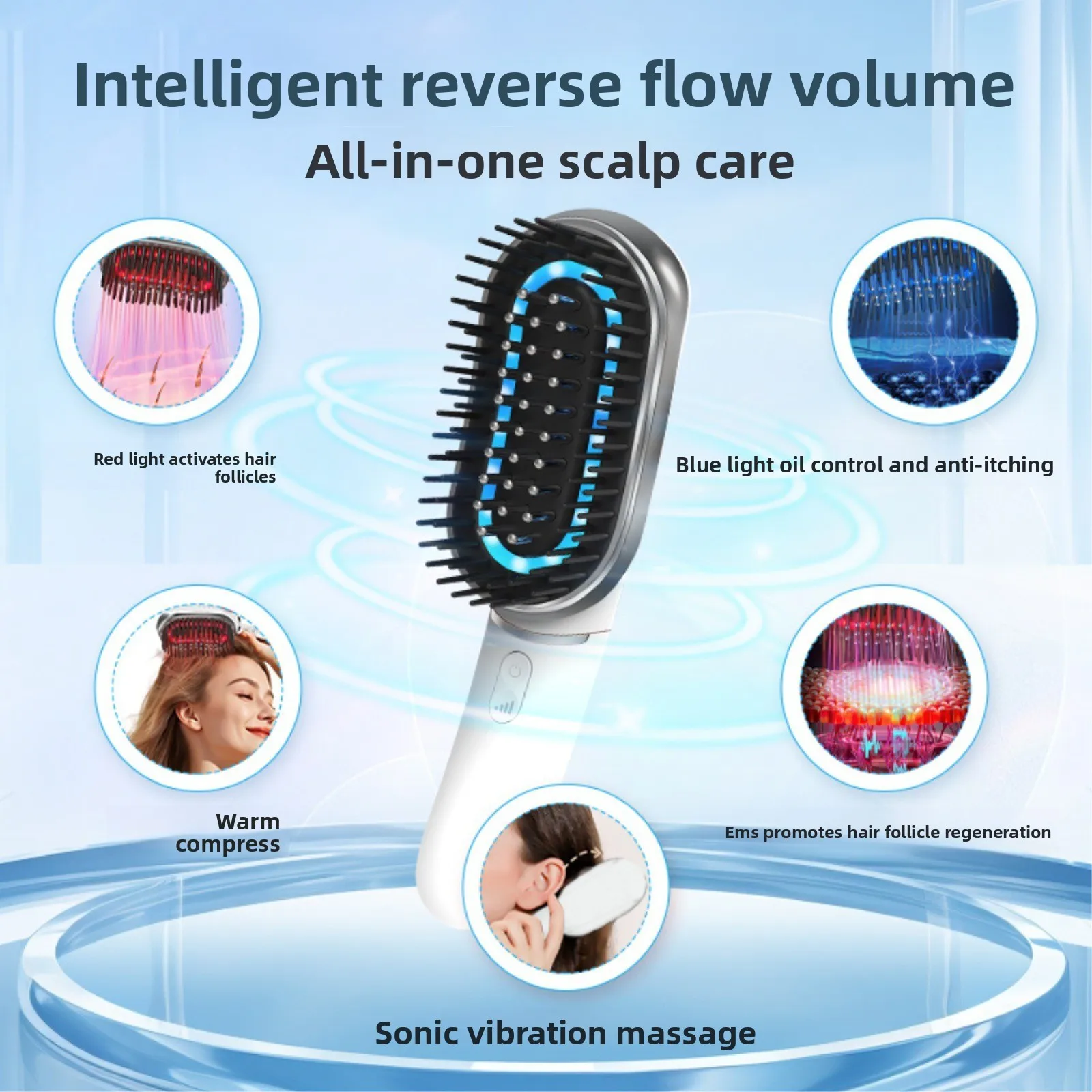 Electric Scalp Massage Comb with EMS Microcurrent Red Blue LED and Liquid Dispensing for Hair Care Treatment