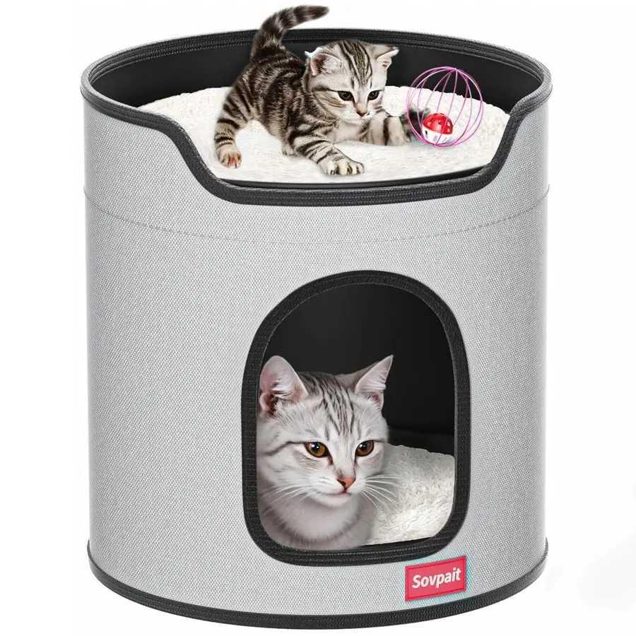 

Beds for Indoor Cats,Large Luxury Double Cat Beds with Cat Scratcher Pad Toys w Catnip,Soft Washable Cushion Cat House Shelter D