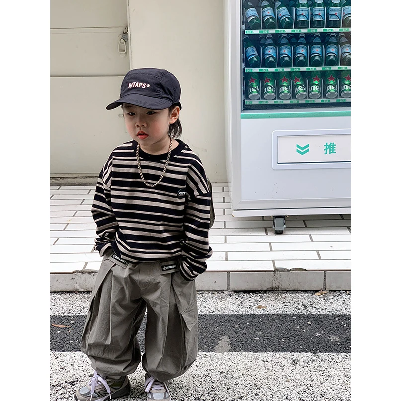 Moda primavera autunno bambini Stripe falso due pezzi Tshirt + pantaloni Harem larghi imposta ragazzi Streetwear Hip abbigliamento Casual per bambini