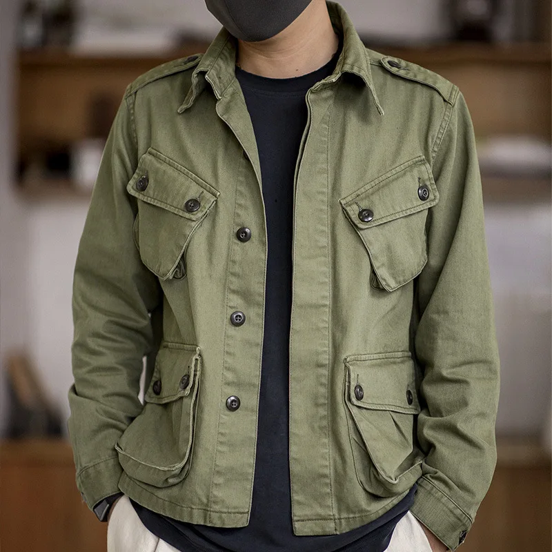 QICHE European Men American Retro Heavy Washed Multi Pocket Casual Cargo Coat Autumn Outerwear