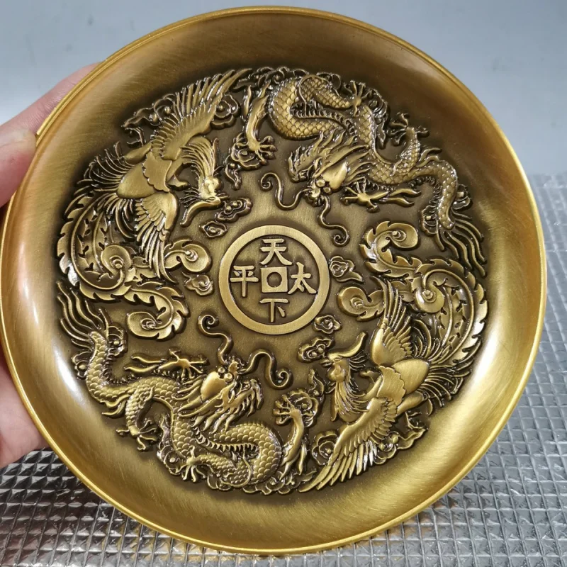 

Antique Style Pure Copper Qing Dynasty Qianlong Year Double Dragon Phoenix World Peace Plate Home Decoration Craft Ornament Coll