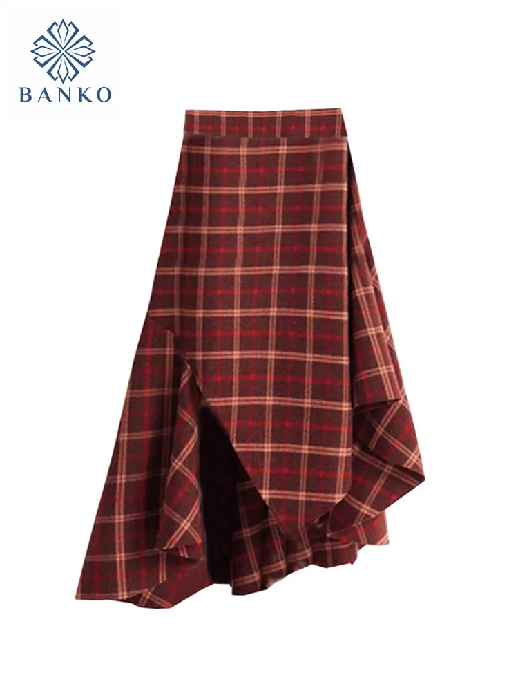 Japanese Streetwear Sweet Plaid Skirts Asymmetrical Women High Waist Red Pleated Skirt Classical Harajuku Spring Summer Hiphop