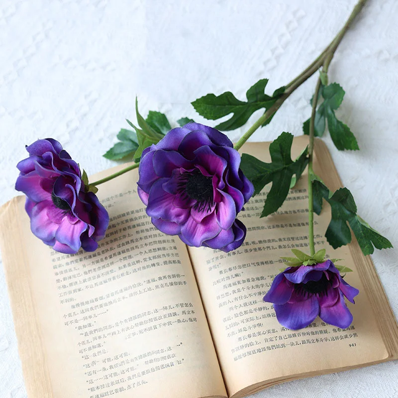 1PCS 52CM 3 Heads Anemone fake Flowers silk flores artificiales party Wedding decoration Christmas home decor wreath