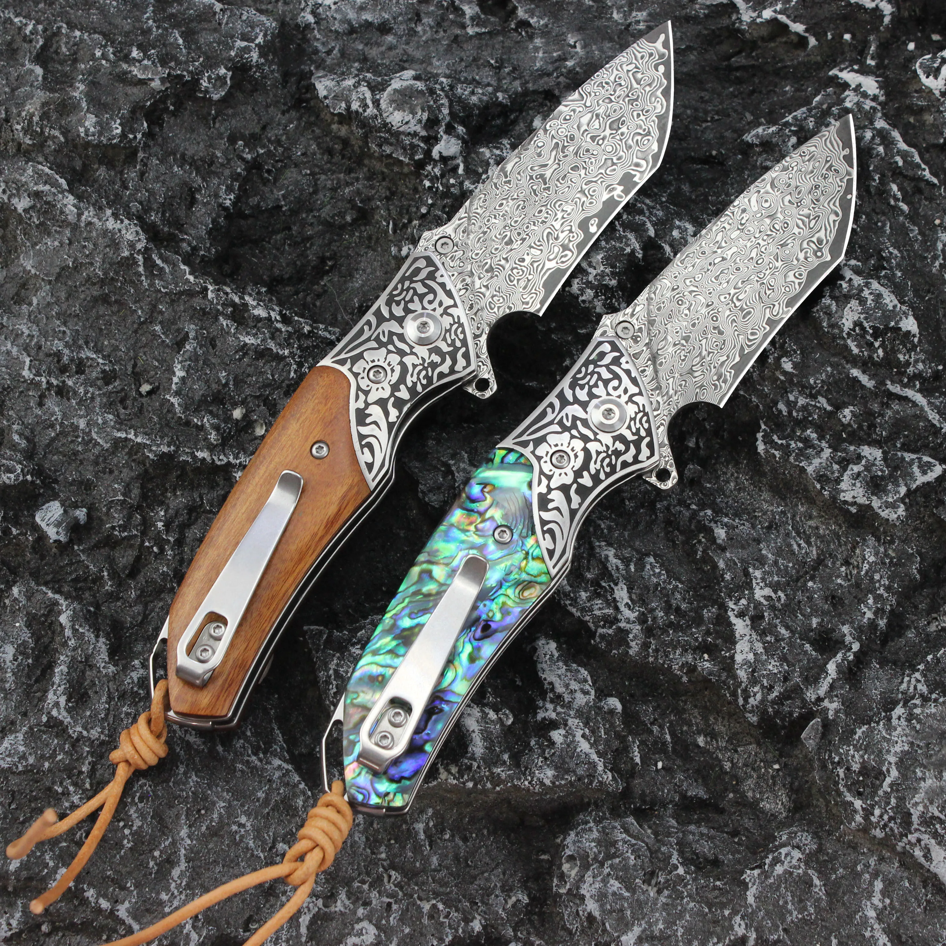 Tunafire Damascus Folding Pocket Knife High hardness Survival Tools Wood Handle Bearing Quick Pocket Knives