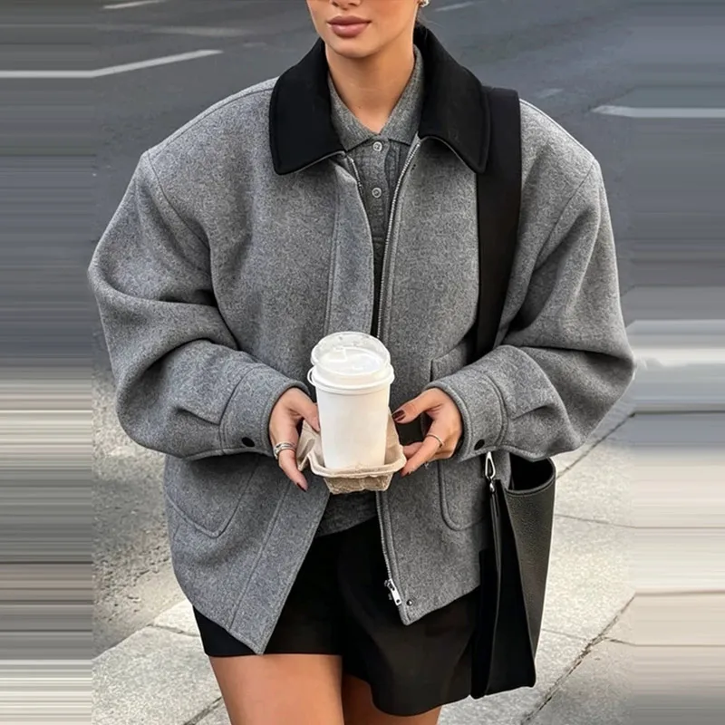 Panzerkragen, lange Ärmel, übergroße Wollmäntel für Damen, Street-Style, umklappbarer Kragen, Reißverschluss, lockere Jacken, modische Damen-Oberbekleidung, neu. – Detail 11