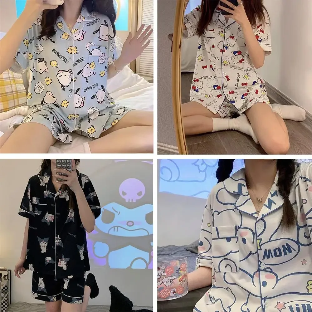 Hello Kitty Anime Summer Pajama Suit Sanrio Kawaii Cinnamoroll Kuromi Women Short Sleeve T-Shirt Shorts Homewear Girls Student