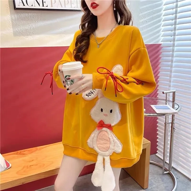 

[Cotton] Round Neck Pullover Sweater Women'S Spring And Autumn All-Match Design Sense Niche Stitching Rabbit Embroidered Top