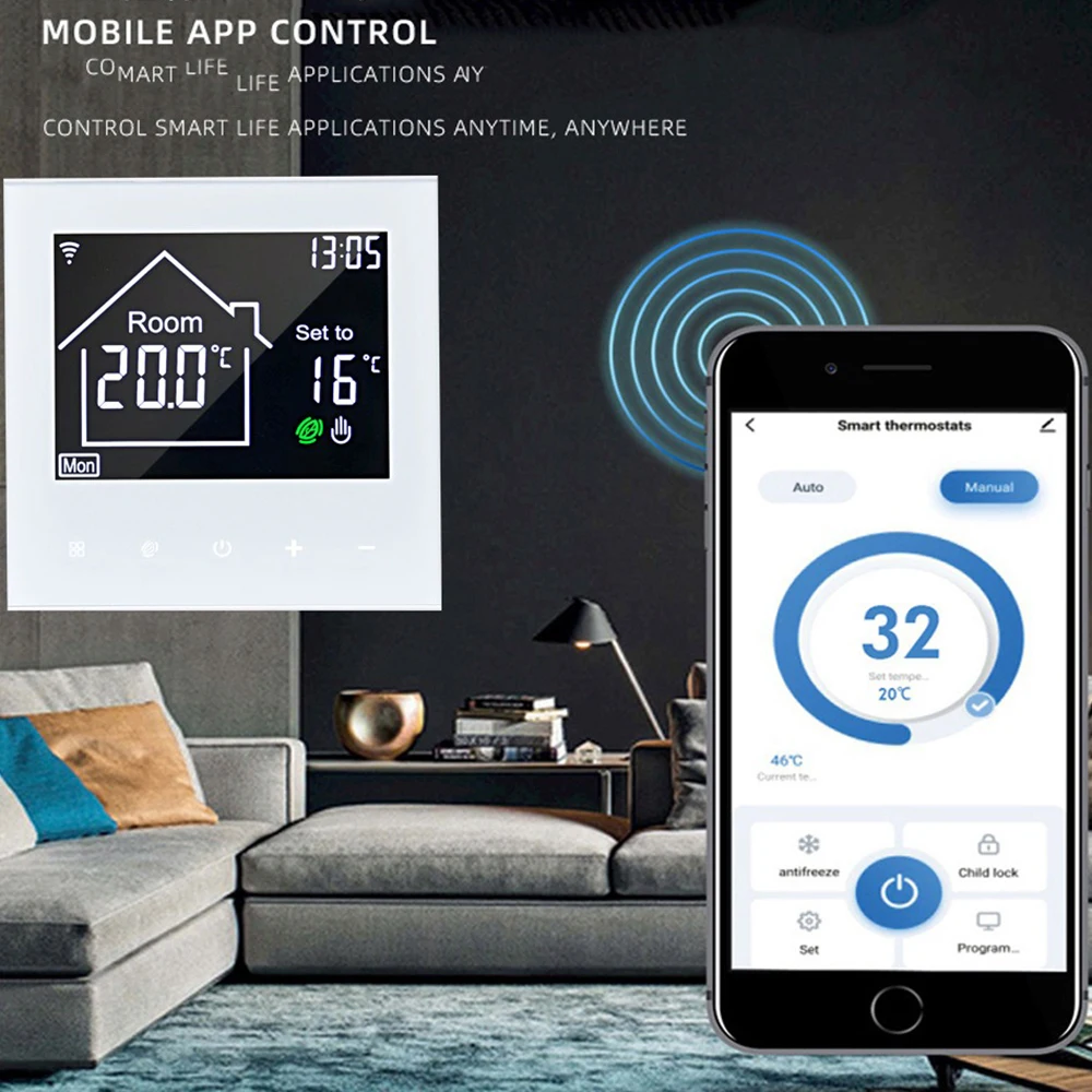 AC200~230V Tuya WiFi Thermostat Electric Underfloor/Water/Gas Boiler Heating Control Panel Works with Google Amazon and Yandex