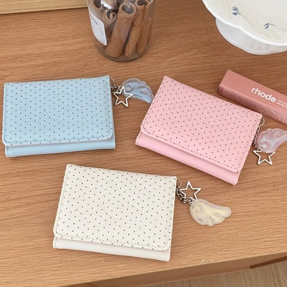 Fashion PU Leather Polka Dot Trifold Wallet Lightweight 5 Card Slots Card Holder ID Window Star Wing Pendant Mini Wallet Girls