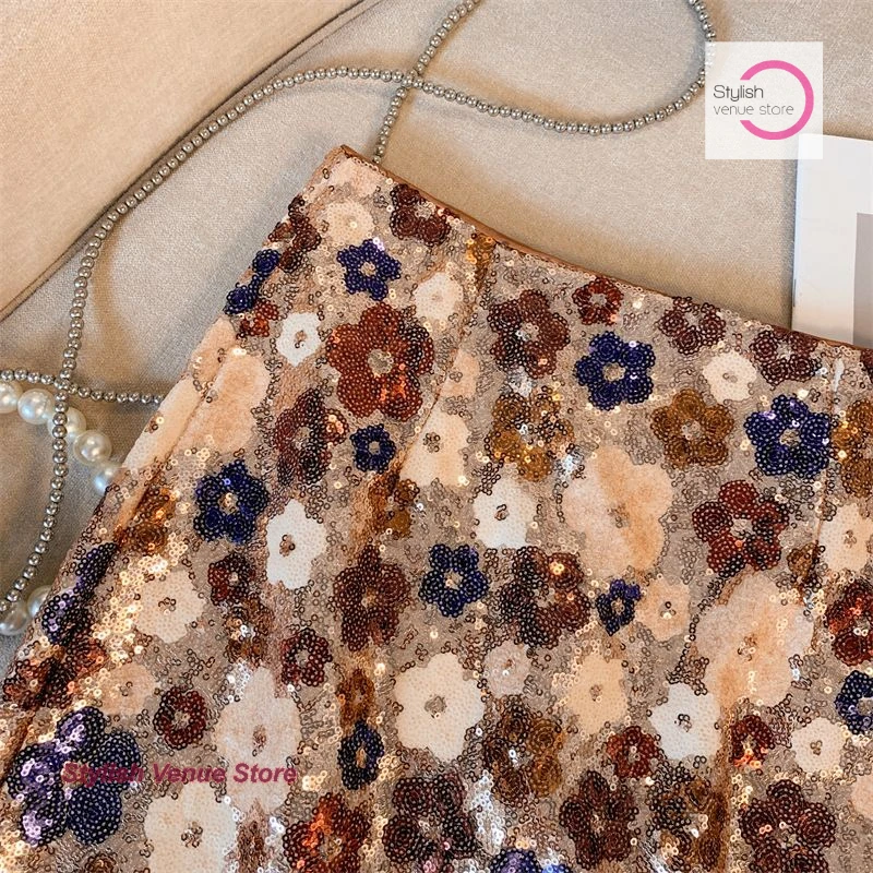 French heavy industry silver sequined flower skirt female fashion Western-style high-end waist slim summer temperament skirt.