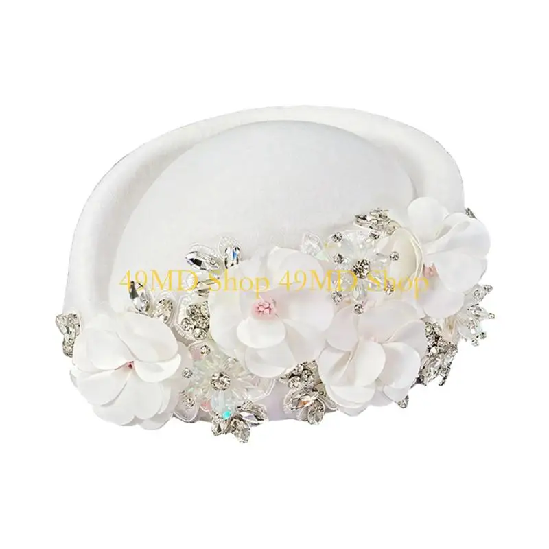 49MD Rhinestones Flower Decors Hat Breathable Stewardess Hat For Women Cosplay Event Uniform Accessories Headwear