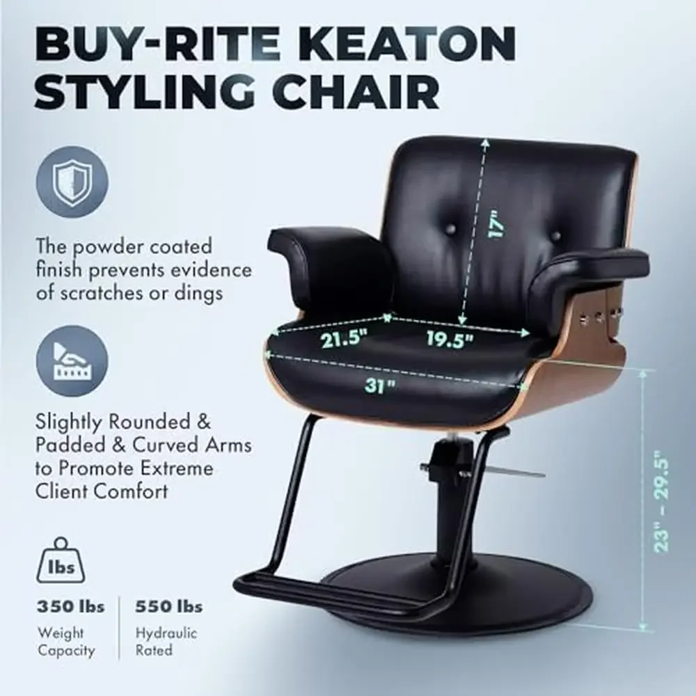 Sleek Black Salon Styling Chair with Inclined Back Premium Vinyl Hydraulic Pump Wide Base Plate Durable Design Comfortable Arms