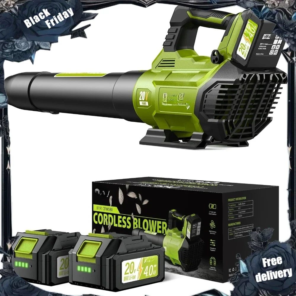 

Leaf Blower Cordless, 580CFM/160MPH & 3 Speed Levels, Electric Cordless Leaf Blower with 2 * 4.0Ah Battery Powered