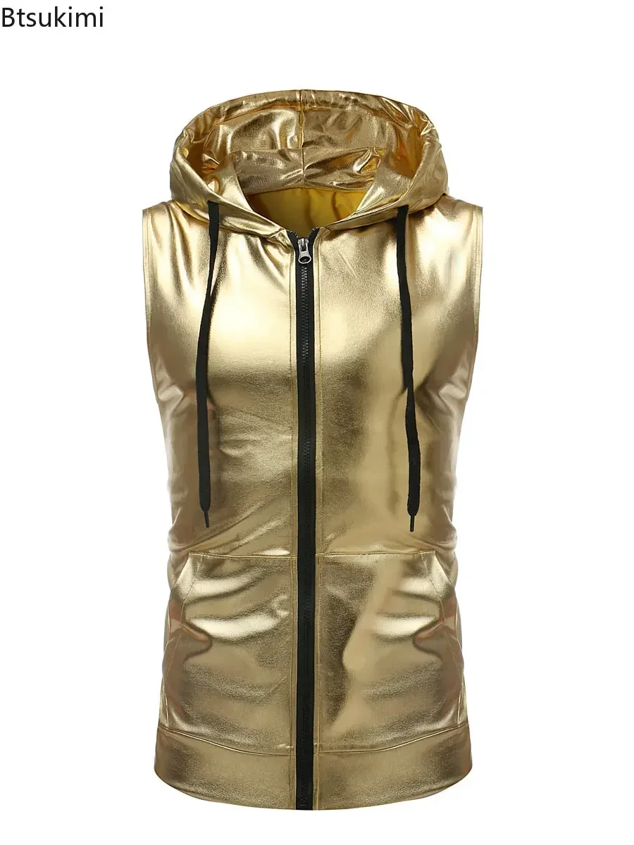 2025 Shiny Gold Coated Metallic Tank Top Men Fashion Hip Hop Sleeveless Hoodie Tank Men Nightclub Party Dance Zipper Tops Tee