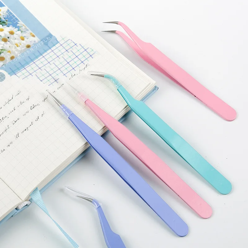 2pcs Stainless Steel Precision Tweezers, Color Scrapbook , Straight And Curved Head , Pink/Blue/Purple/White/Bla