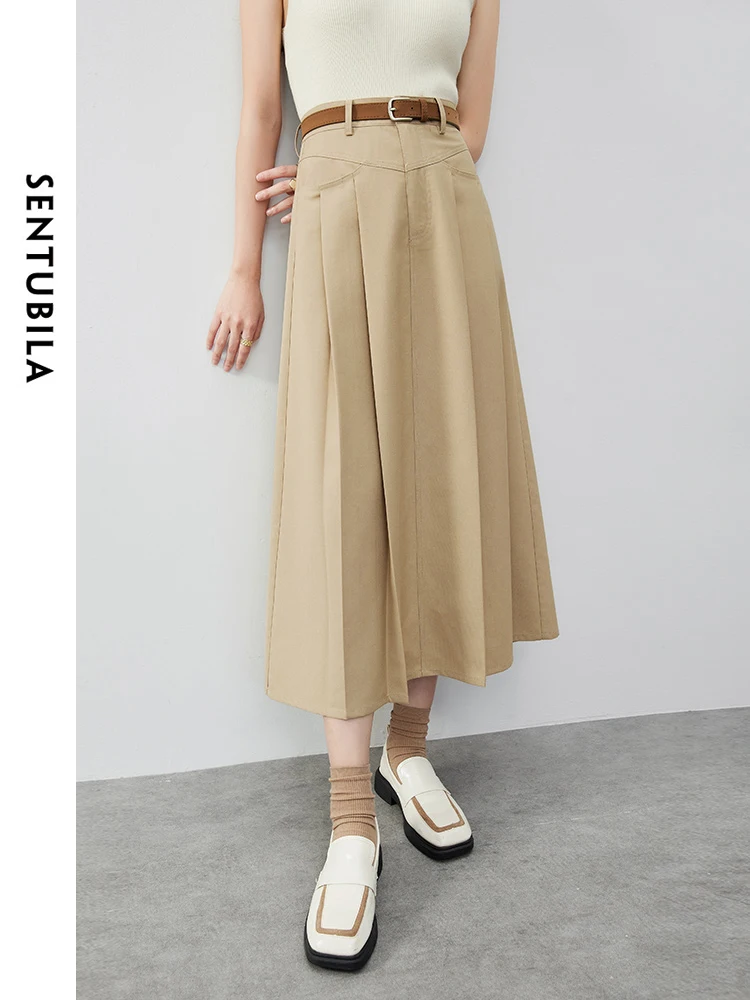 

SENTUBILA Pleated-detail Skirt for Women 2024 Autumn Comfort Casual Basic Solid A-line Long Skirt Women Clothing 143Q55934