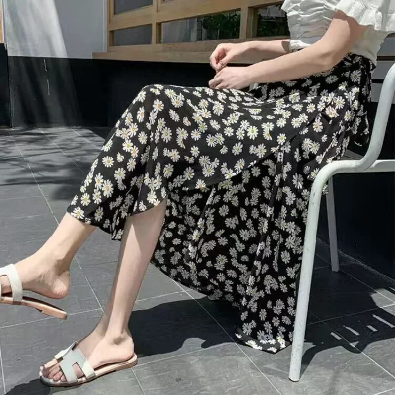 Fashion Cotton Women Floral Print Skirt Side Tie  Beach Skirts Summer High Waist Wrap Flower Long Skirt With Slit